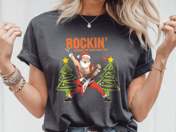 Santa Guitar Rockin Christmas Tree Funny Graphics for T-Shirt Designs
